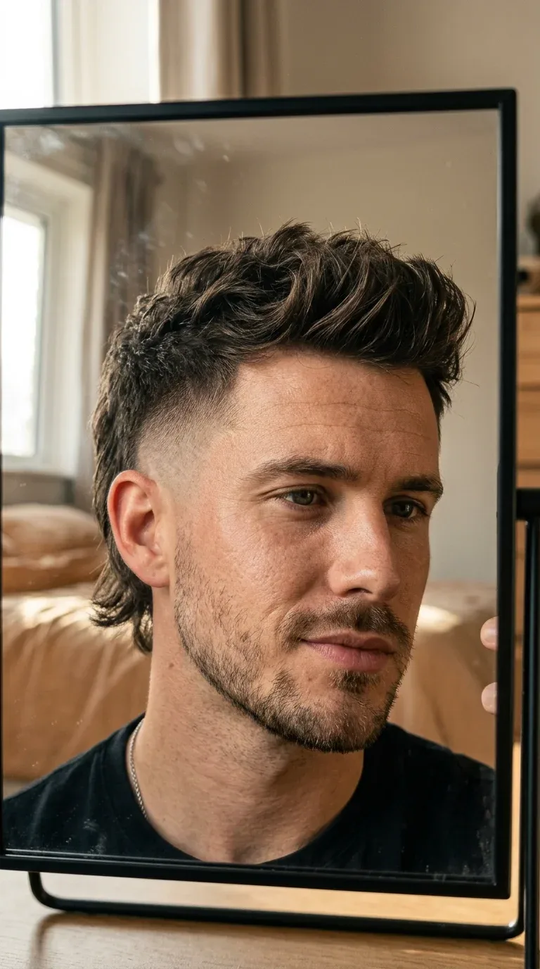 Young man showing a burst fade modern mullet in an iPhone mirror selfie.
