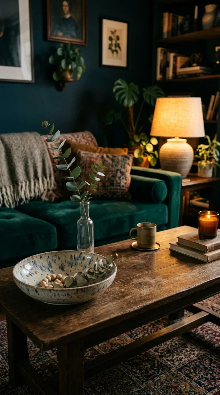 A textured ceramic bowl used as a catch-all on a wooden coffee table