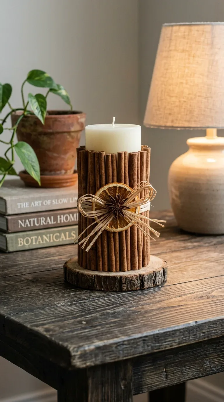 A cream pillar candle wrapped in cinnamon sticks tied with raffia on a wooden serving tray