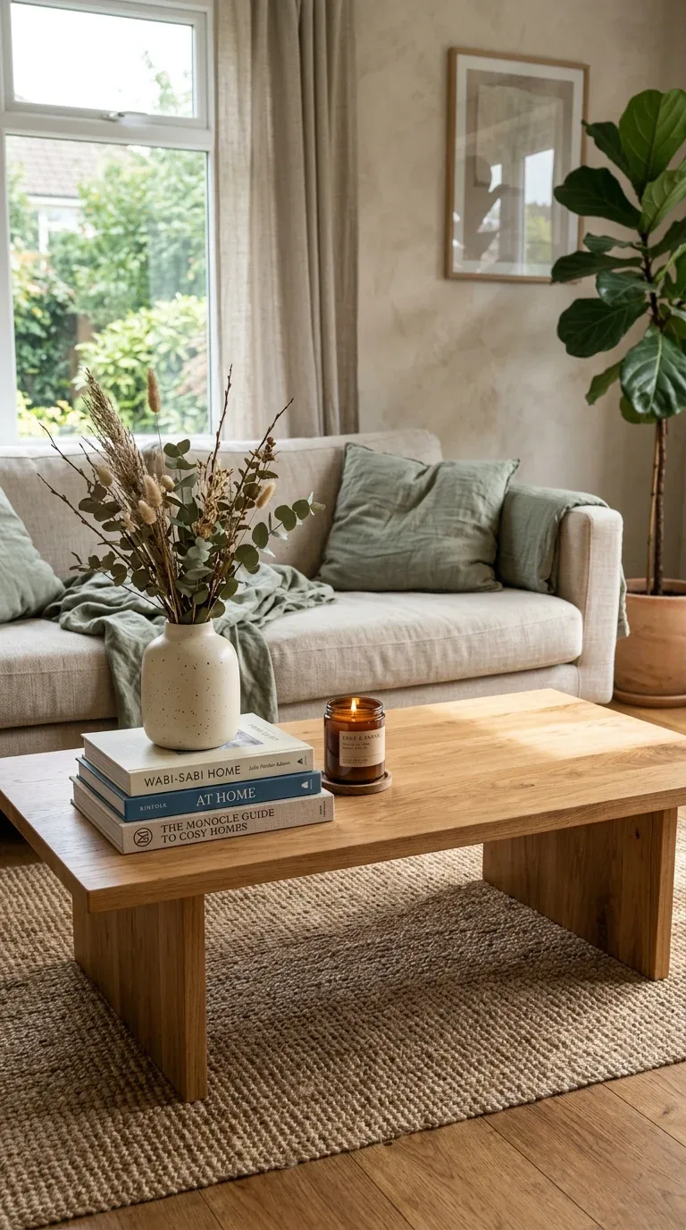 A coffee table styled on one side with a clear open zone left on the other