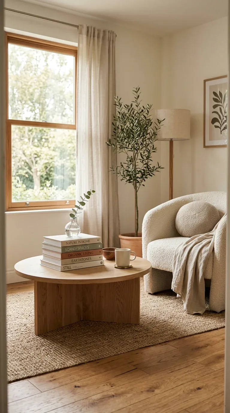 A coffee table styled with a stack of neutral hardcover books and a small vase