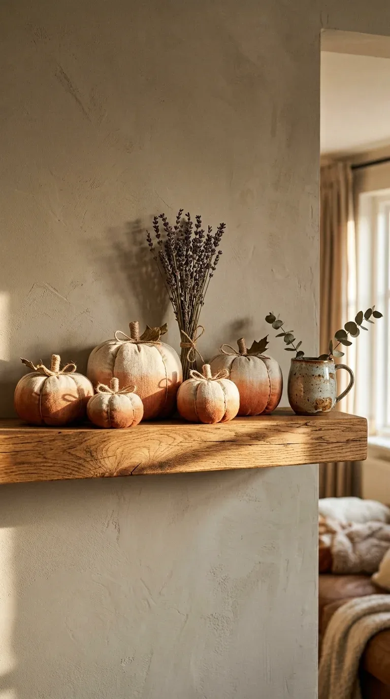 A row of ombre dip-dyed linen fabric pumpkins in rust and cream tones on a wooden shelf