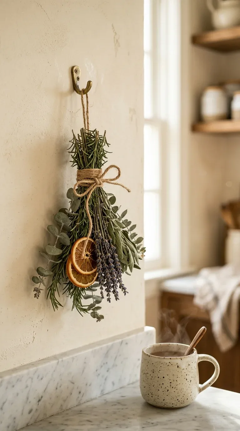 A bundle of dried herbs lavender and orange slices tied with twine hanging on a kitchen wall hook