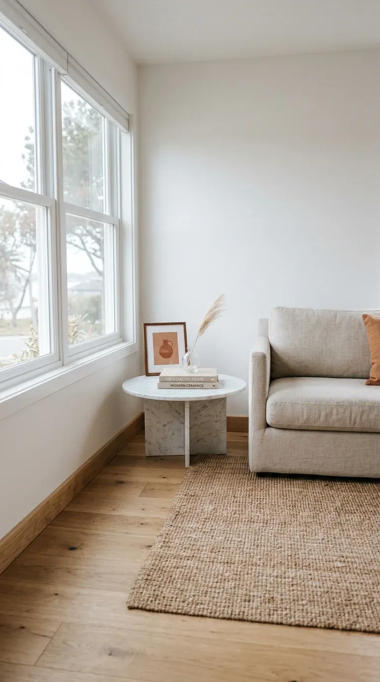 A small framed art print leaning against a wall behind a styled coffee table