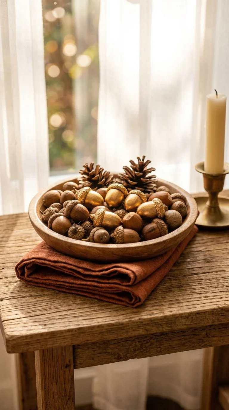 A wooden bowl filled with gold-brushed acorns and natural pinecones as fall table decor
