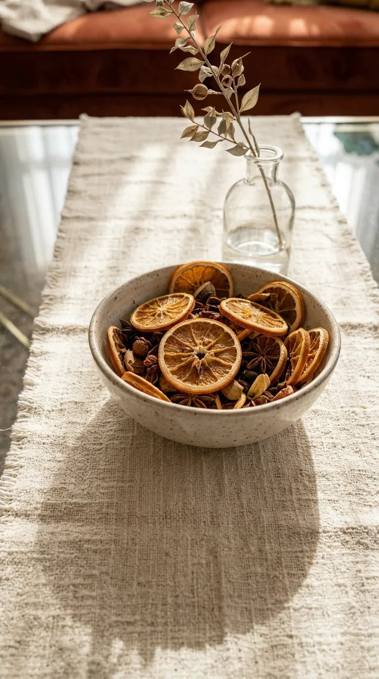 A thin linen table runner styled diagonally on a glass coffee table with decor