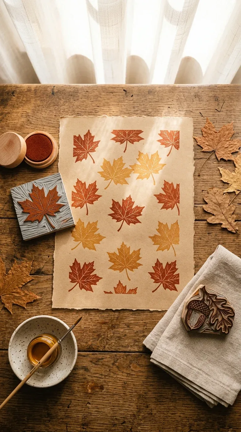 Handmade linocut leaf stamps printing rust patterns onto kraft paper on a wooden craft table