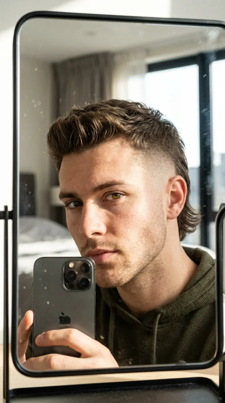 Young man with a low fade modern mullet taking an iPhone mirror selfie.