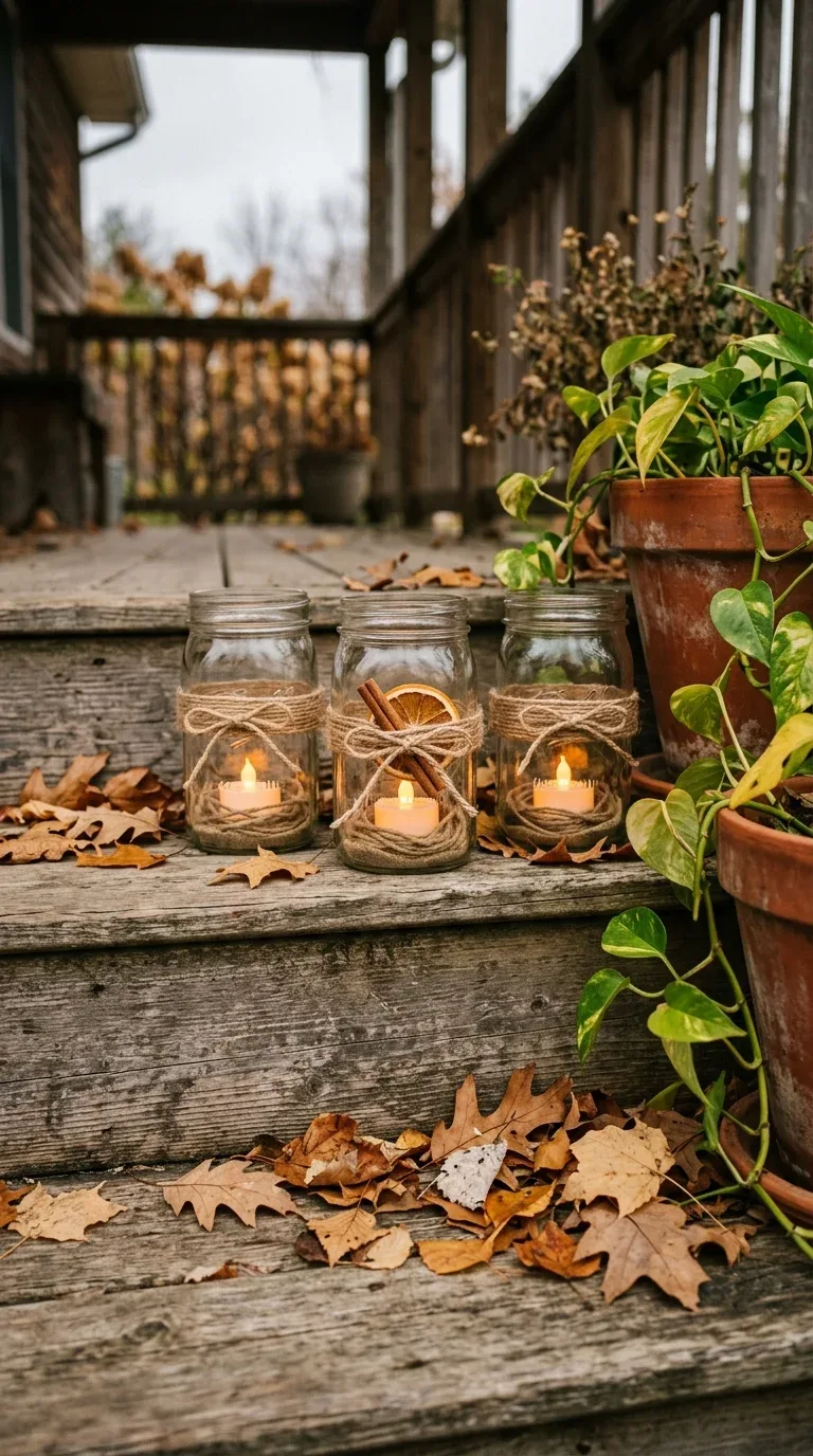 Three mason jar lanterns wrapped in twine with glowing tea lights on a rustic wooden porch
