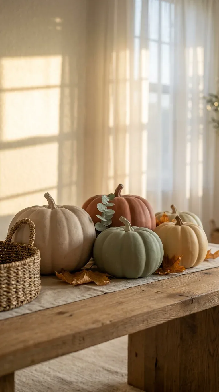 A styled cluster of chalk-painted pumpkins in cream sage and terracotta on a wooden coffee table