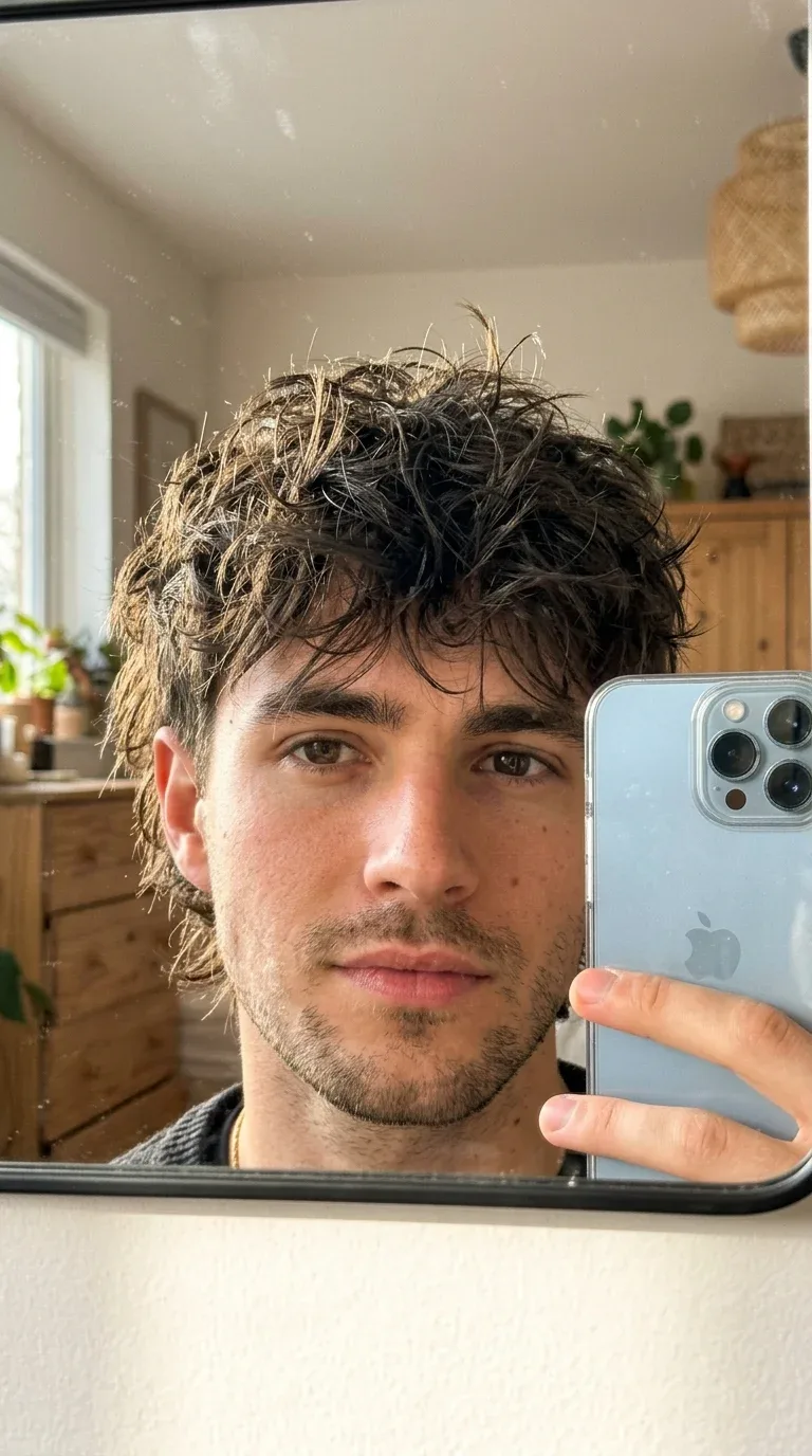 Young man showing a messy modern mullet hairstyle in an iPhone mirror selfie.