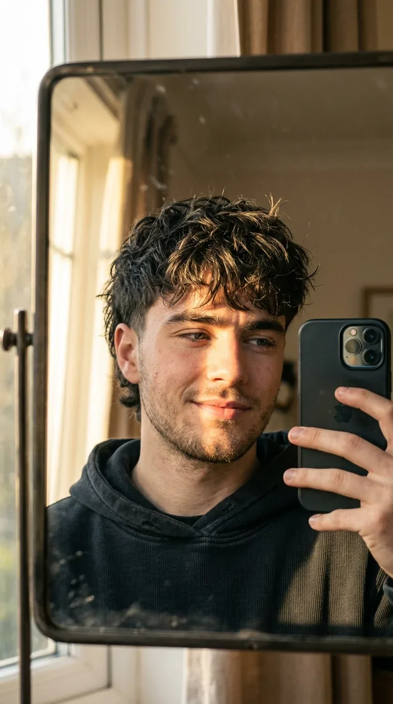 Young man with a modern mullet and fringe taking an iPhone mirror selfie.