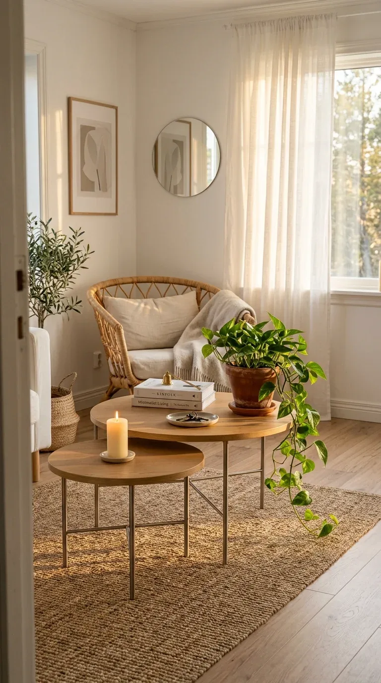 A set of nesting coffee tables styled with candles plants and books at varying heights