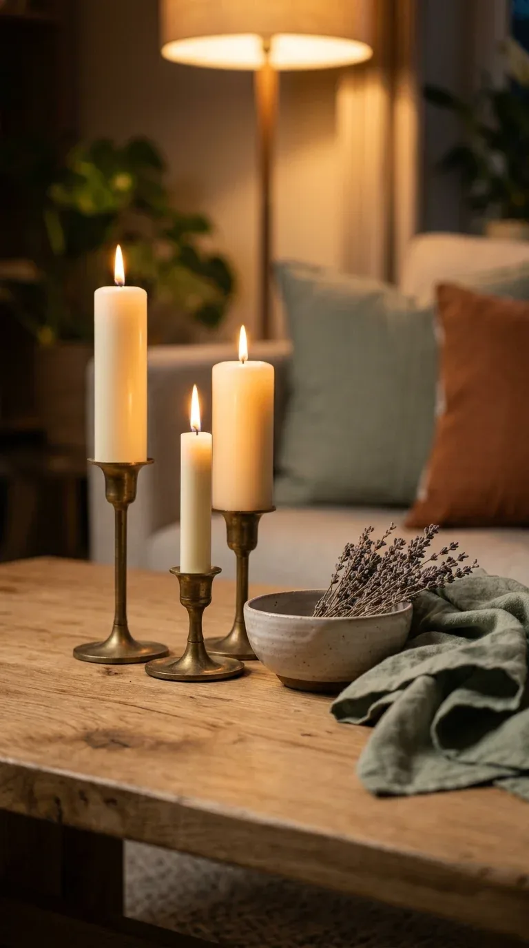 Three cream pillar candles of varying heights grouped on a coffee table
