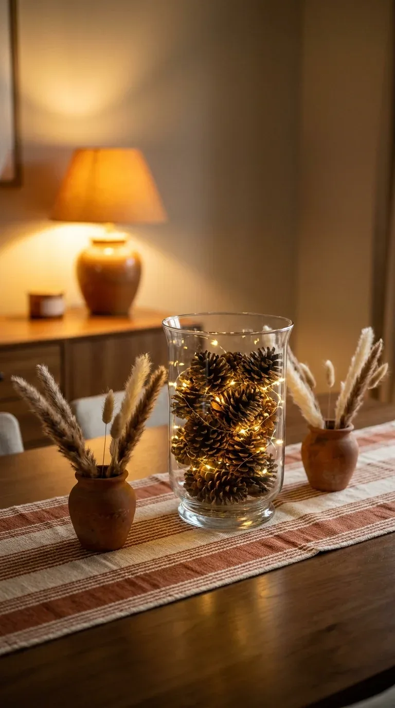 A glowing fall centerpiece of pinecones and warm fairy lights in a glass hurricane vase