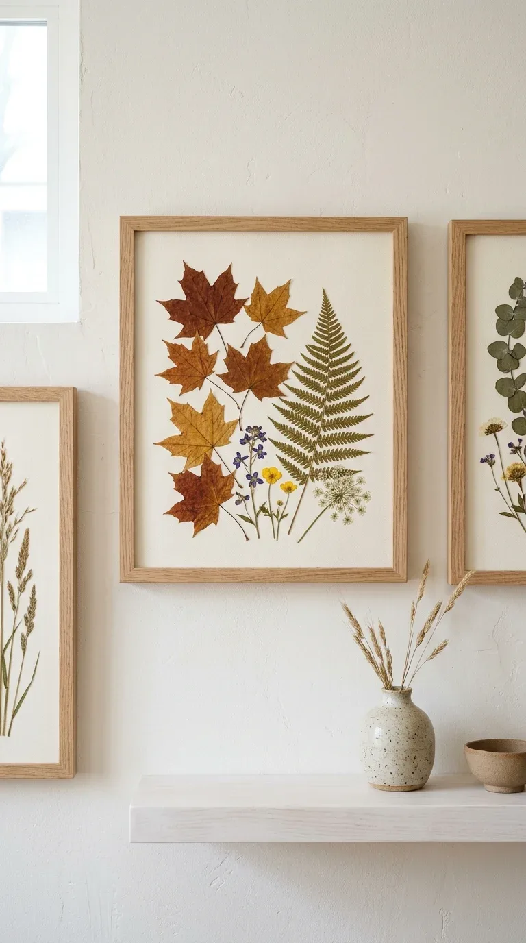 Three framed pressed autumn botanical arrangements hanging as a gallery wall cluster