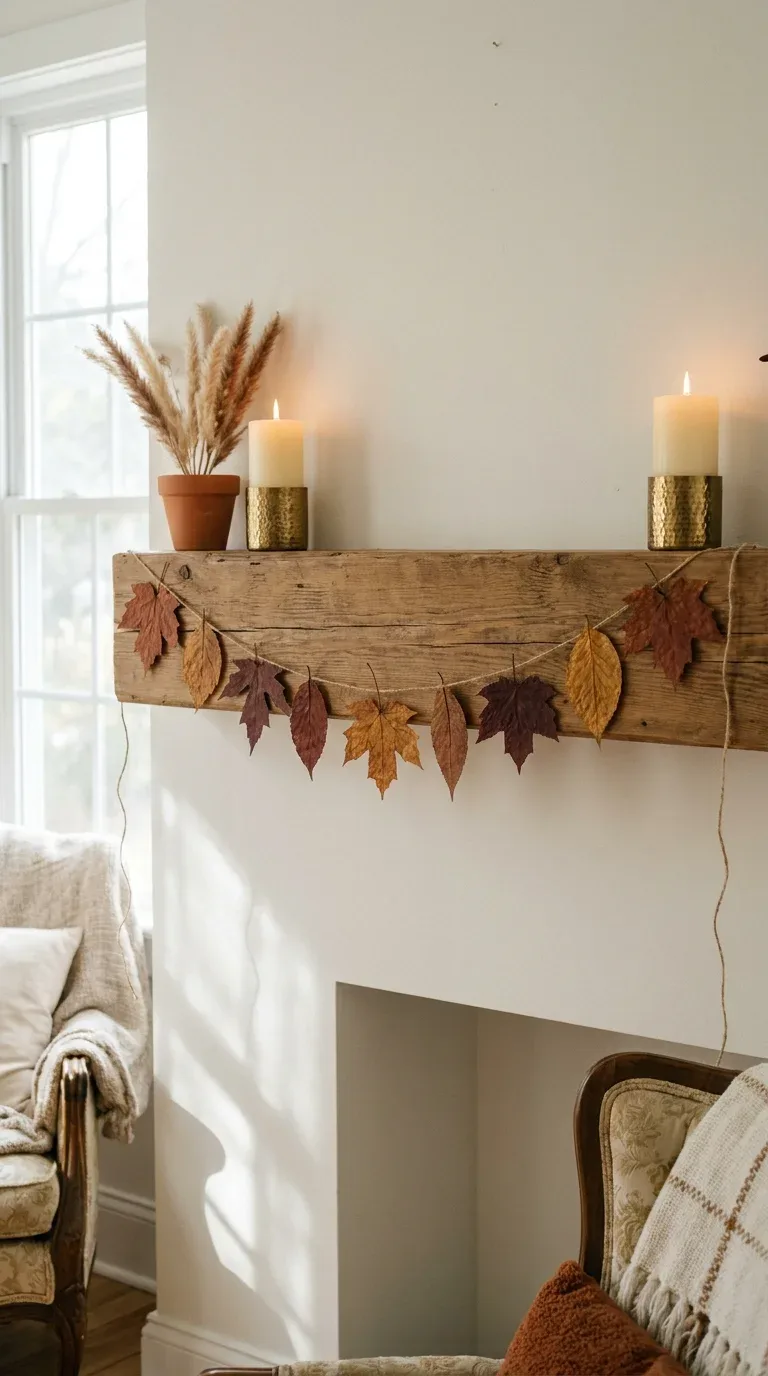Fall craft ideas on a budget — handmade pressed autumn leaf garland strung on twine draped across a wooden mantle