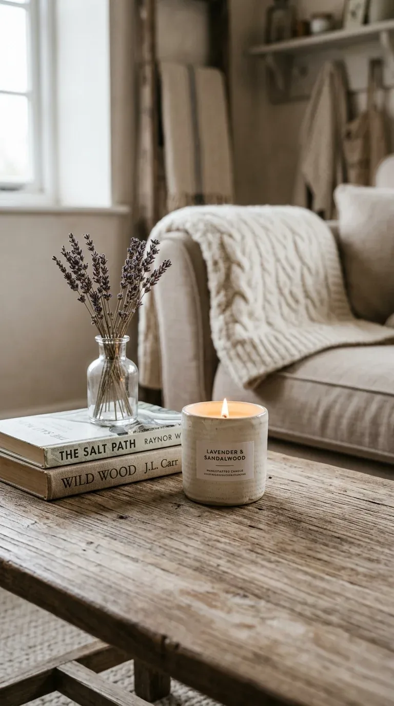 A cream scented candle styled as a finishing touch on a living room coffee table
