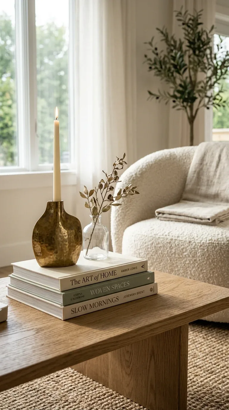 A sculptural brass candle holder styled near a book stack on a coffee table