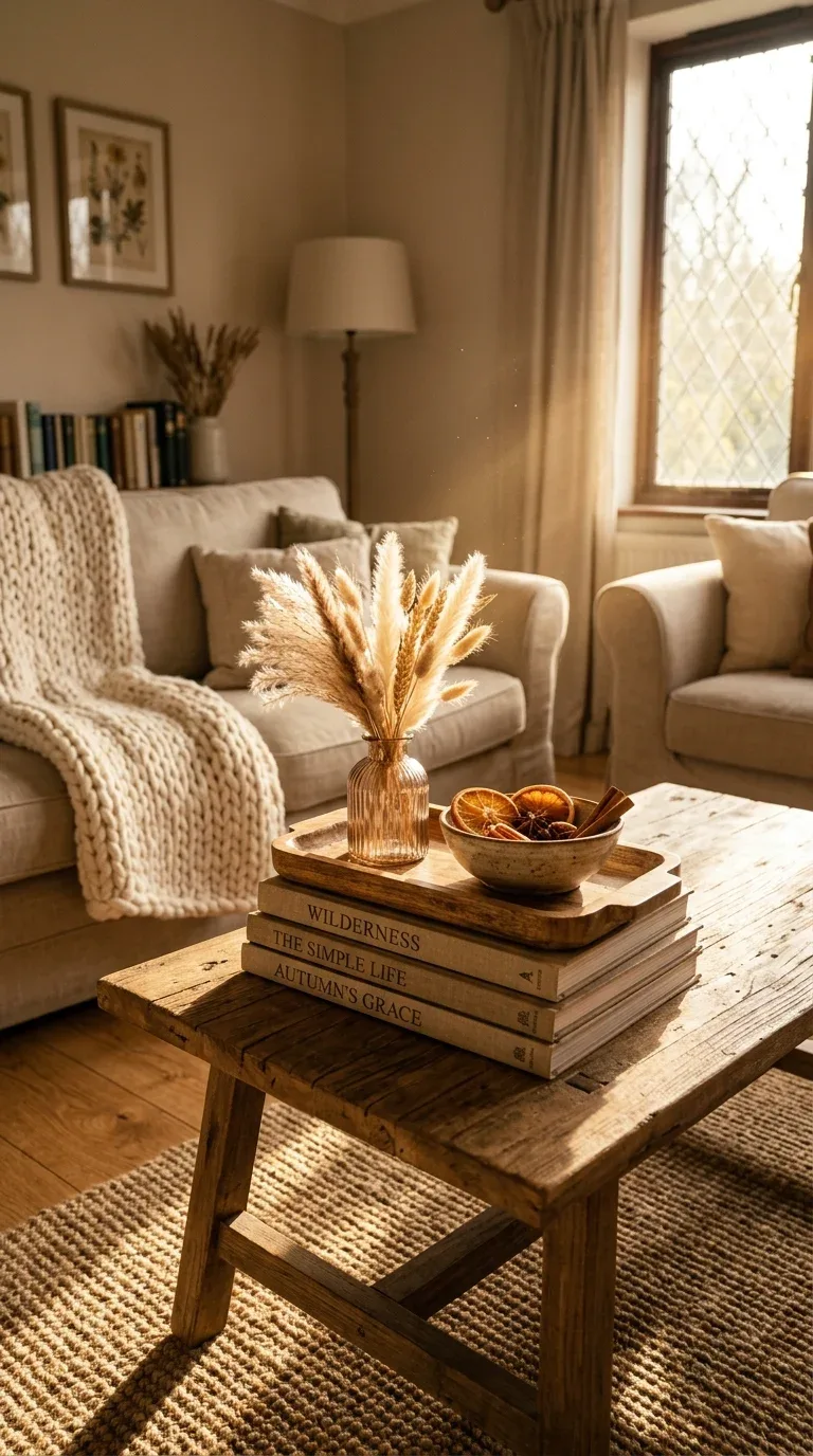 A coffee table styled with seasonal autumn decor including pampas grass and dried oranges