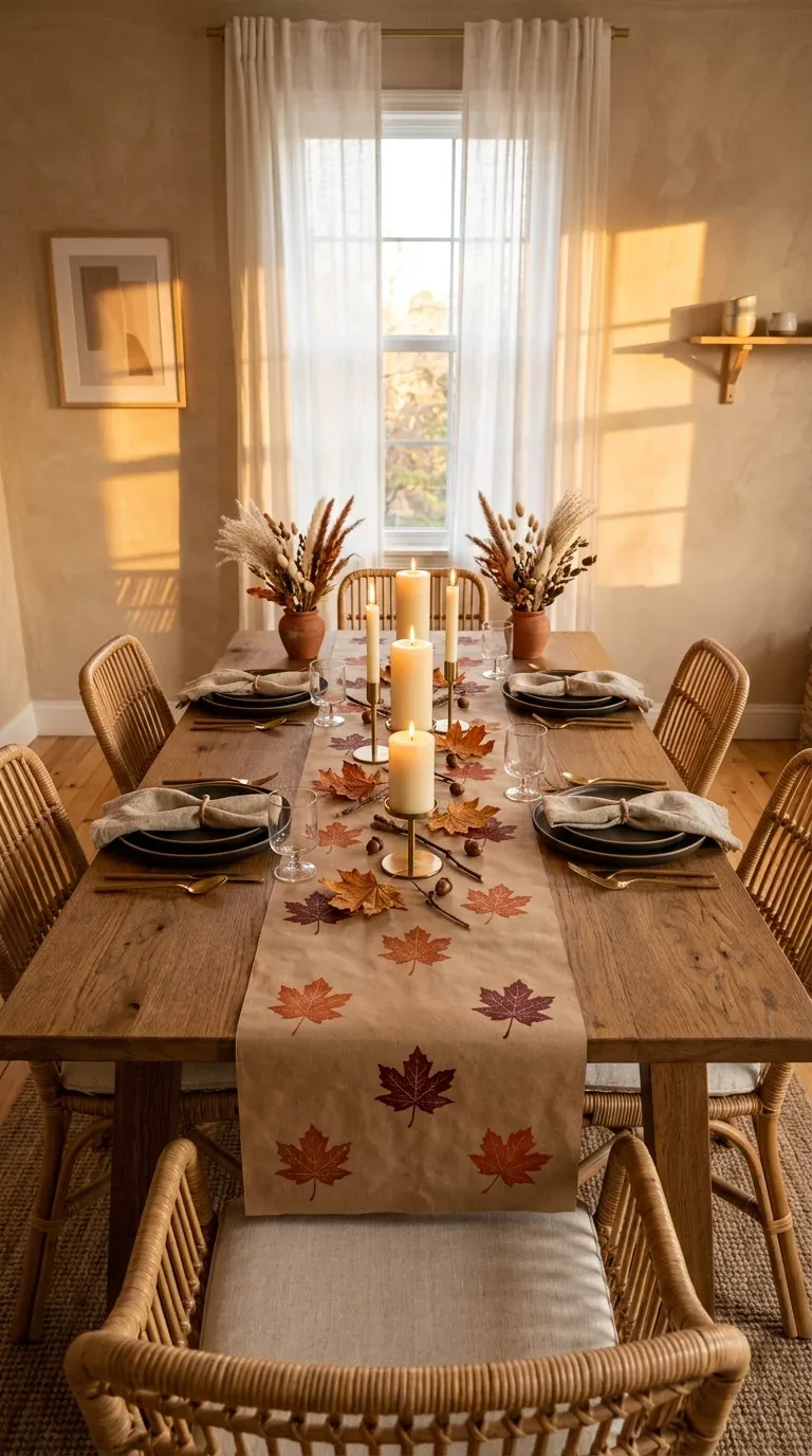 A hand-stamped kraft paper table runner with fall leaf motifs on a warm dining table