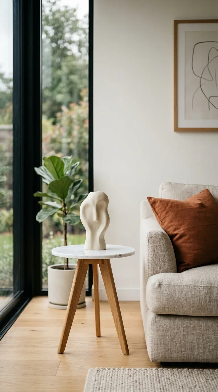 A single sculptural ceramic object styled alone on a minimalist coffee table