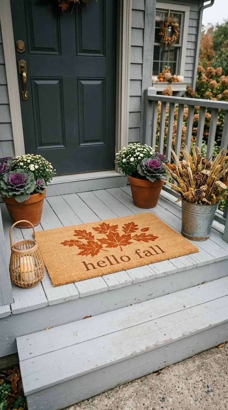 A natural coir doormat hand-stenciled with autumn maple leaves on a welcoming fall front porch