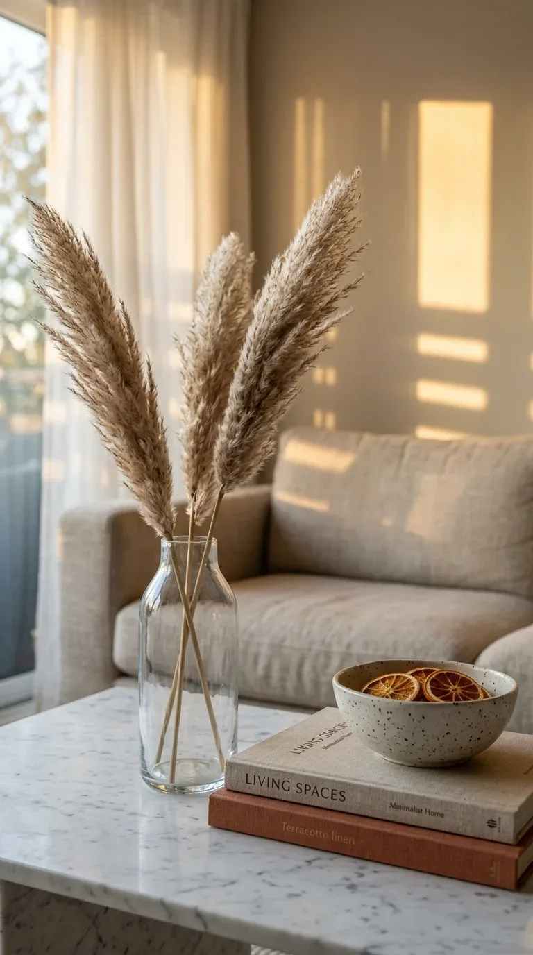A tall glass vase with dried pampas grass styled on a marble coffee table