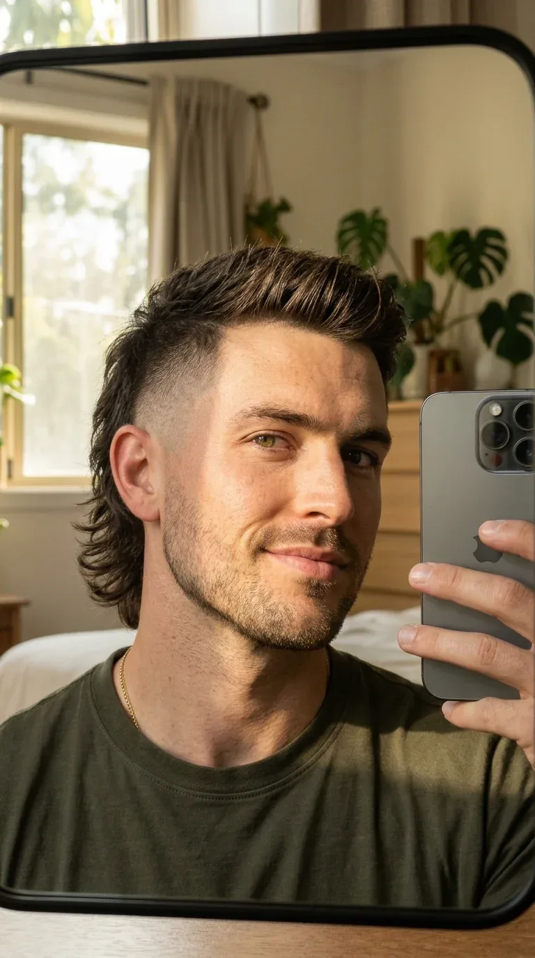 Young man wearing a taper fade mullet in an iPhone mirror selfie.
