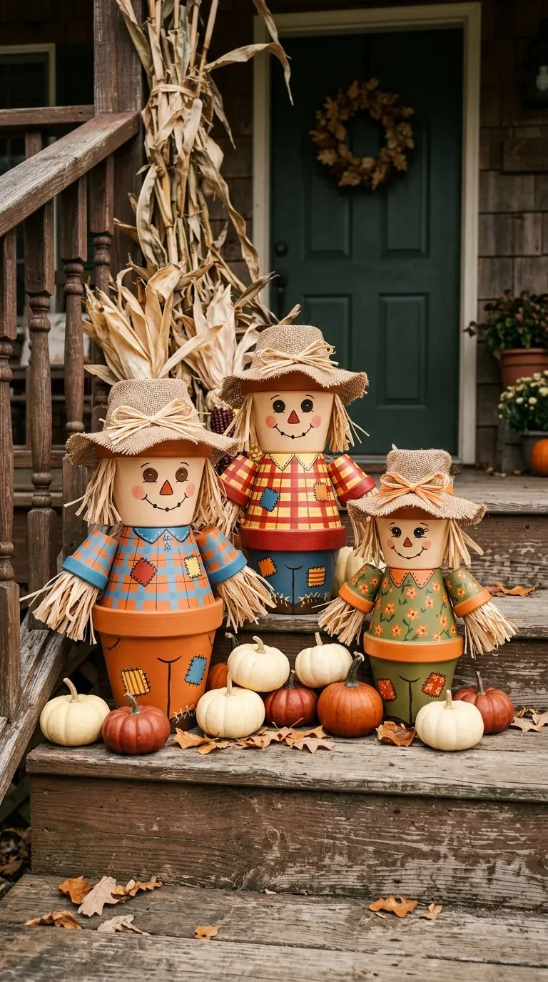 A trio of painted terracotta pot scarecrow figures with burlap hats displayed on a fall porch