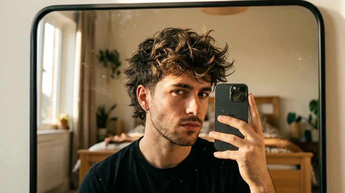 Young man showing a textured modern mullet hairstyle in an iPhone mirror selfie.