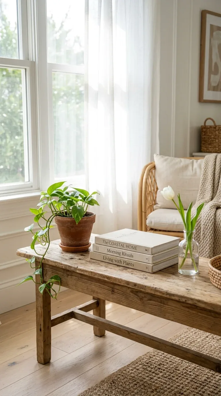 A small trailing pothos plant in a terracotta pot styled on a coffee table