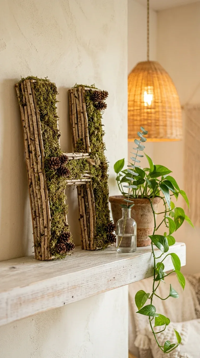 A large decorative letter covered in birch twigs and dried moss as handmade fall wall art