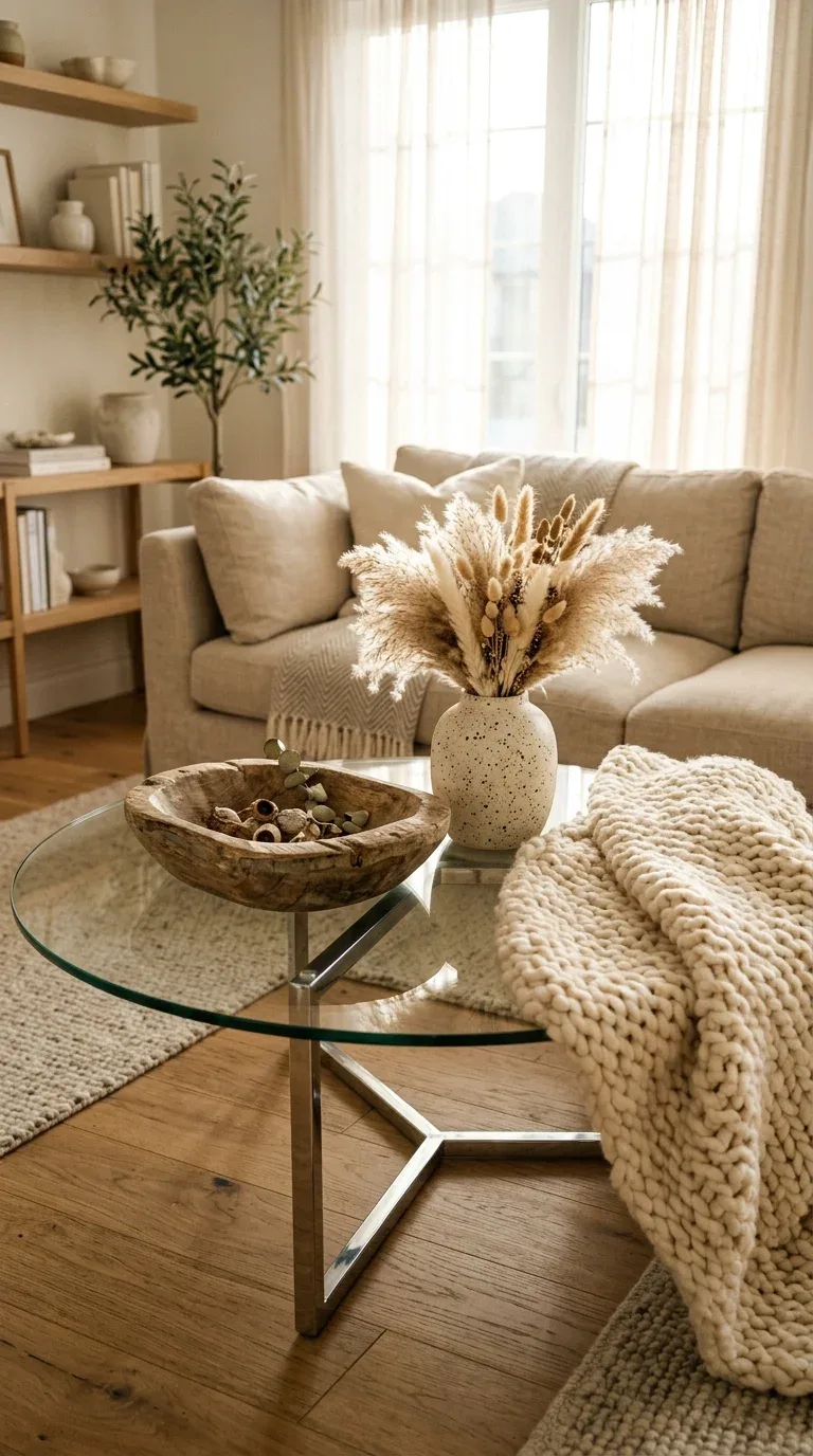 A glass coffee table styled with warm wooden and ceramic objects for contrast