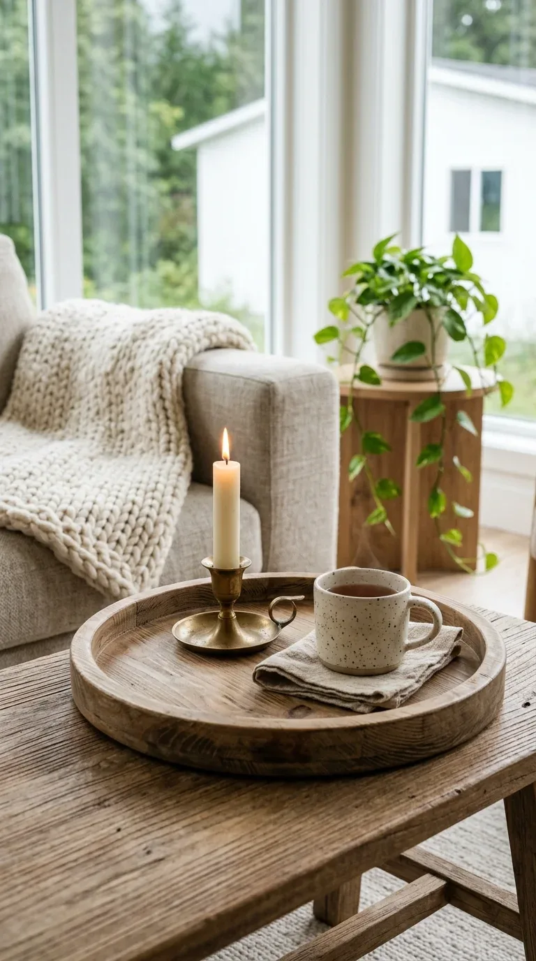 A wooden tray styled with a candle and small objects on a living room coffee table