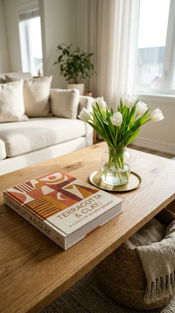 A woven seagrass basket used as storage on the lower shelf of a coffee table