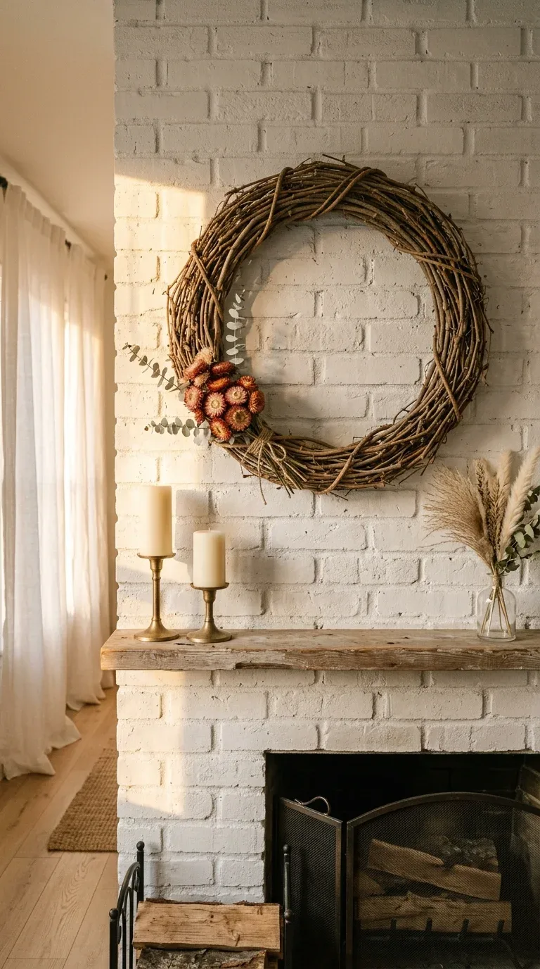 A handwoven twig wreath with dried strawflowers hanging above a whitewashed brick fireplace