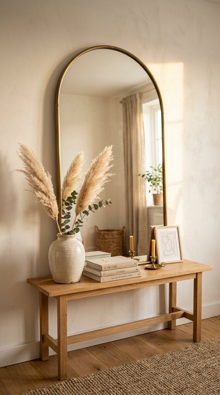 Arched mirror on wall 202607051744 budget friendly living room ideas