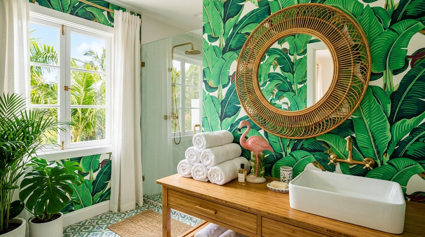 Bathroom with banana leaf wallpaper 202607120157 Aesthetic dining room wall decor