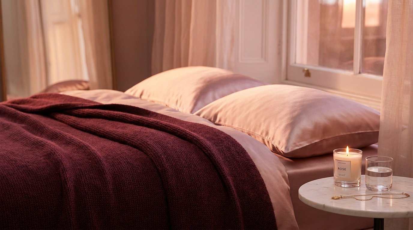 Bedroom with burgundy blanket pi… 202607311917 Yellow and gray color combo