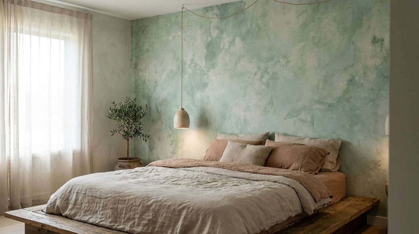 Bedroom with faux plaster wallpaper 202607301750 Green aesthetic wallpaper ideas