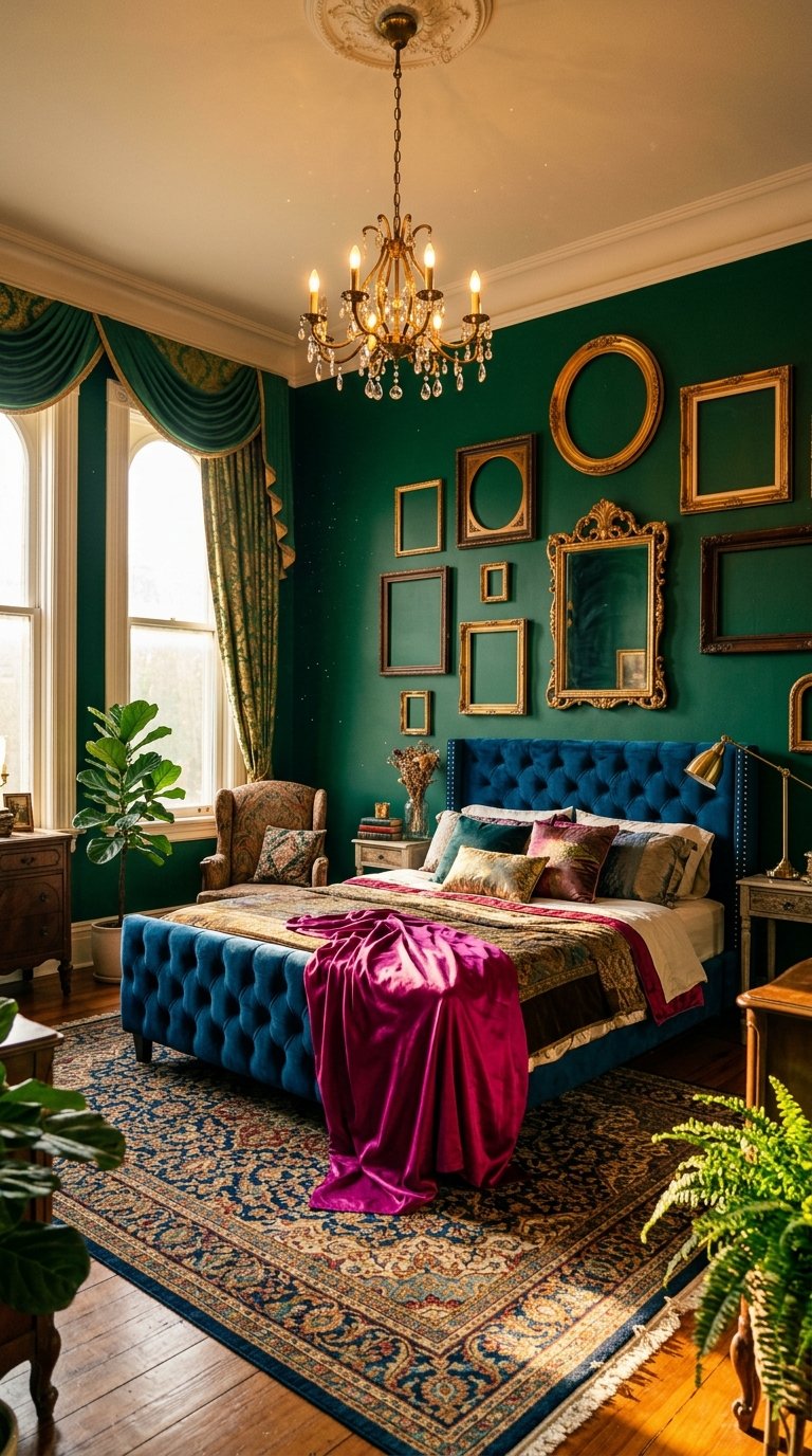 15 Genius Colorful Bedroom Ideas You Need to Try 2 Bedroom with green walls velvet 202607110158 Colorful bedroom ideas