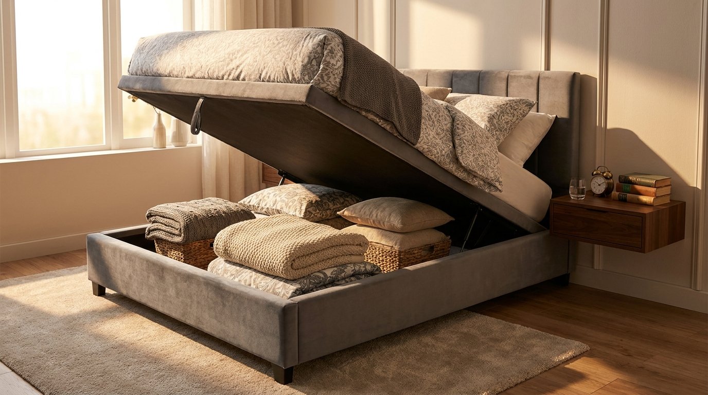 Bedroom with hydraulic lift bed 202607200035 Small room ideas
