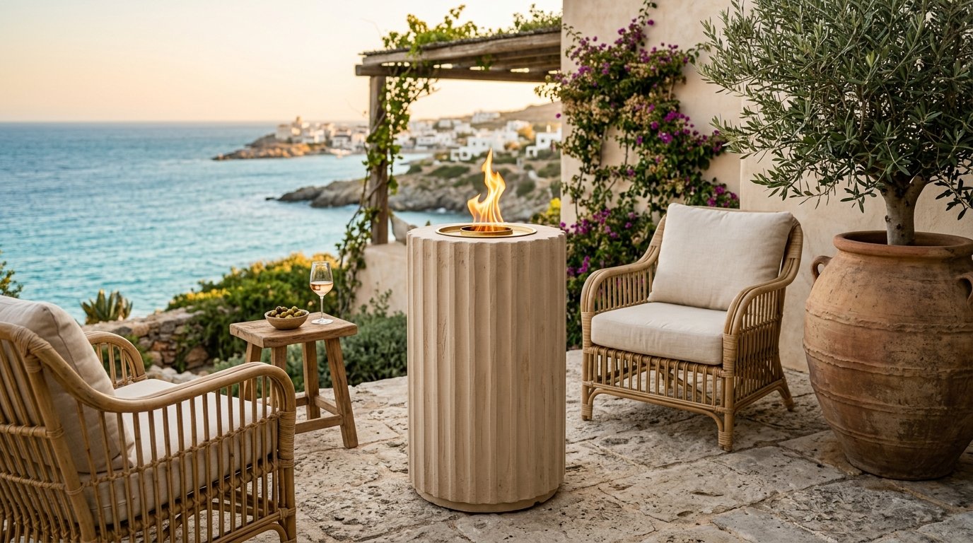 Beige fluted plaster fire pit 202607160304 Colorful home decor ideas