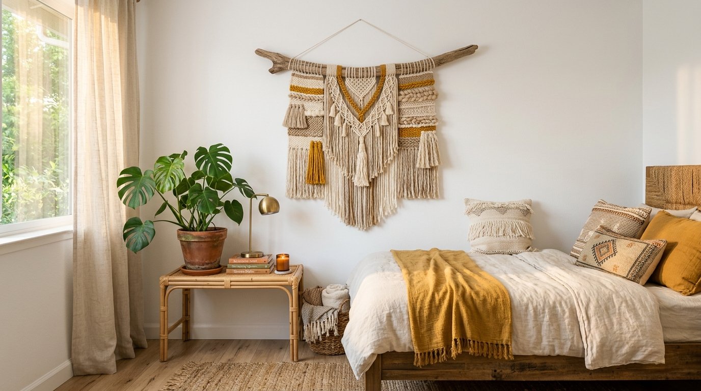 Bohemian bedroom with yarn wall 202608010201 easy yarn crafts