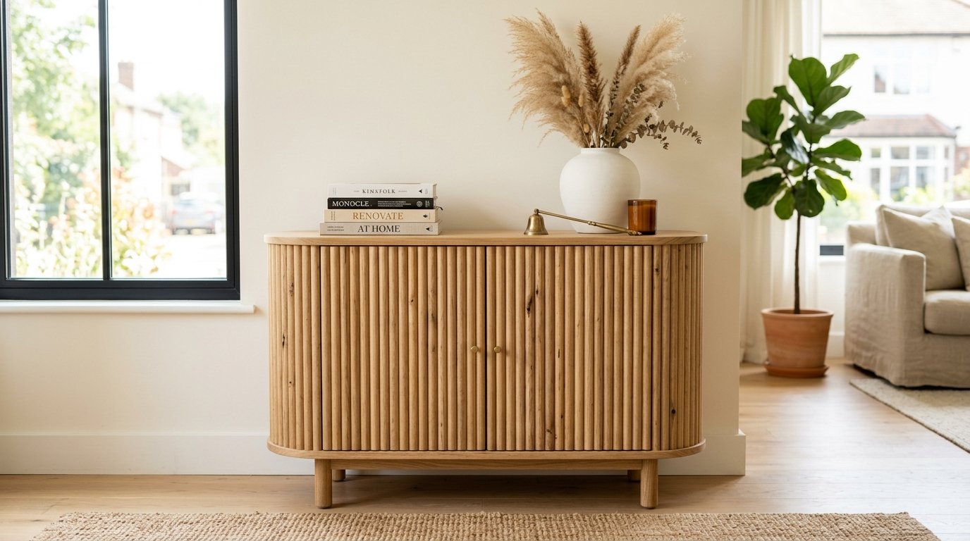 Chic wood sideboard in living 202607142337 Furniture makeover