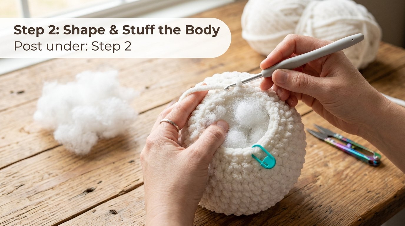 Crochet sheep body being stuffed 202607020040