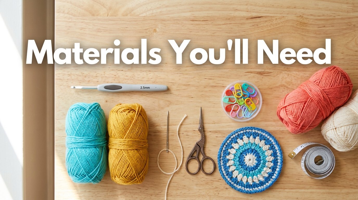Circle Crochet Pattern Free (Easy Beginner-Friendly Coaster Tutorial) 2 Crochet supplies on wooden table 202607161651
