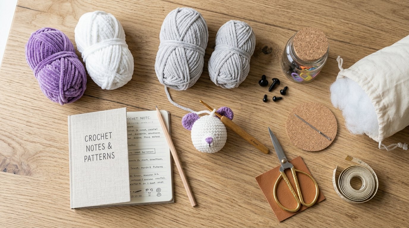 Crochet supplies on wooden table 202607281707