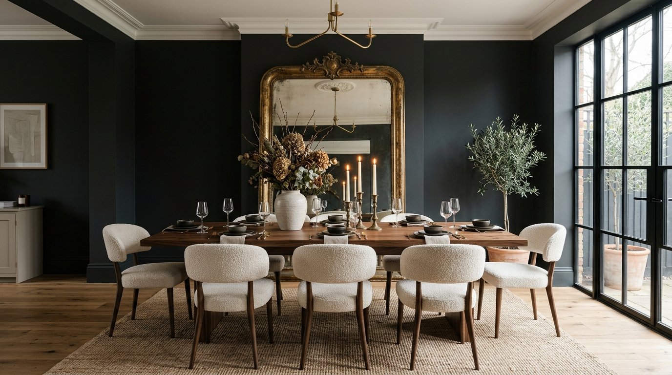 Dining room with brass mirror 202607120234 Aesthetic dining room wall decor